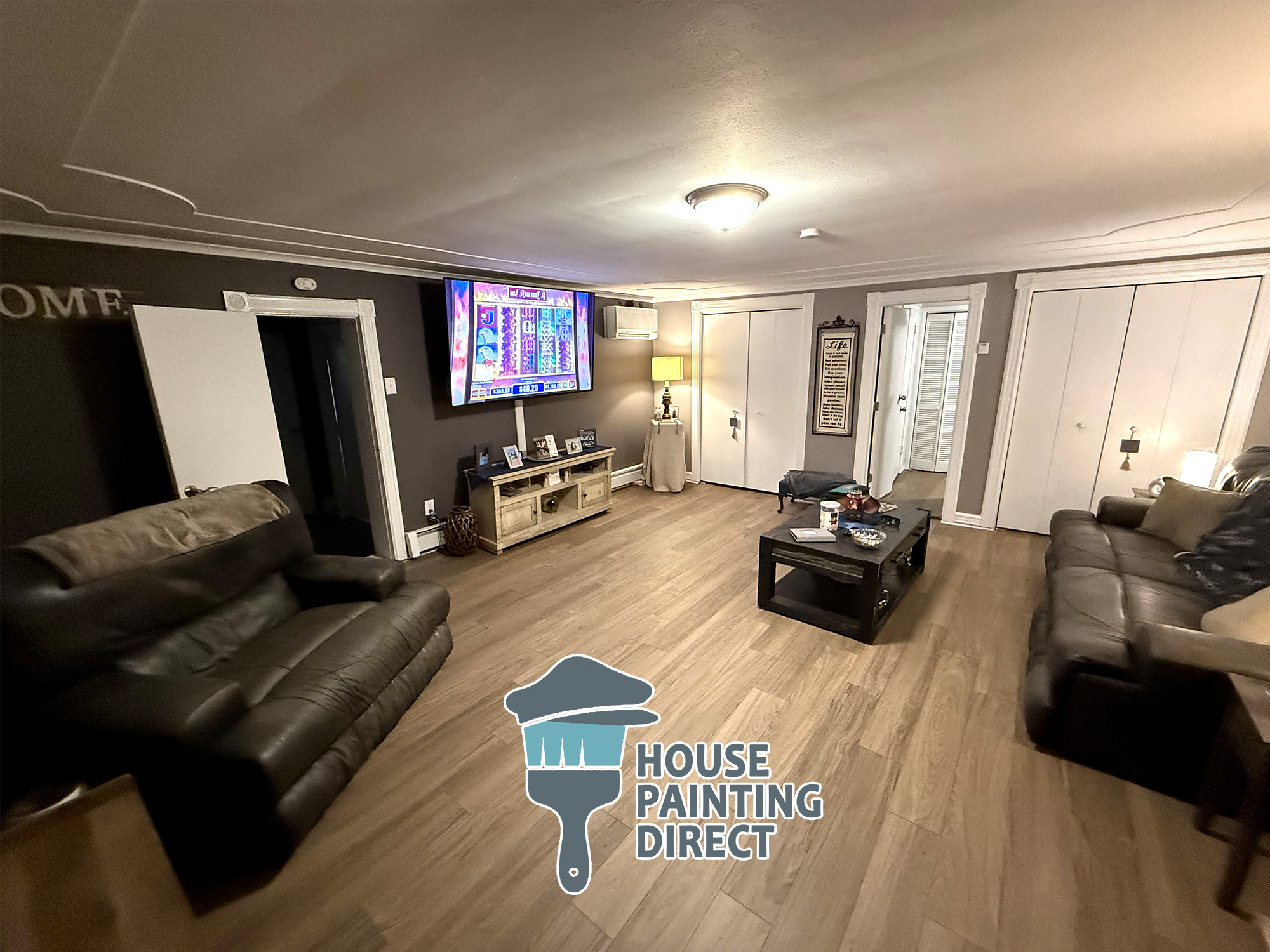 basement theater interior painting wilkes-barre grey ceiling and walls drywall