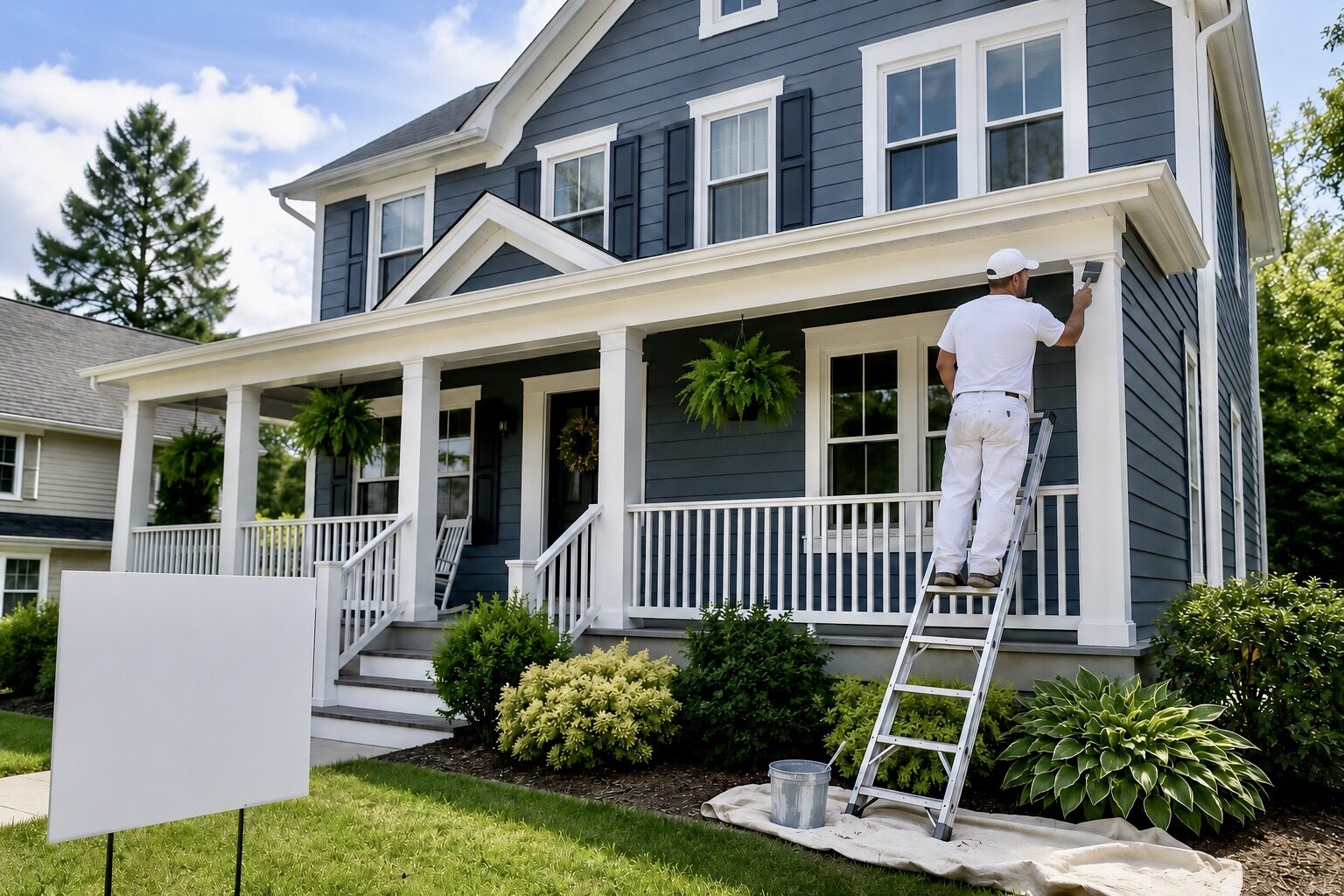 A professional painter in white work clothes stands on a silver ladder, painting the white trim of a two-story blue house with a covered front porch and green landscaping.
